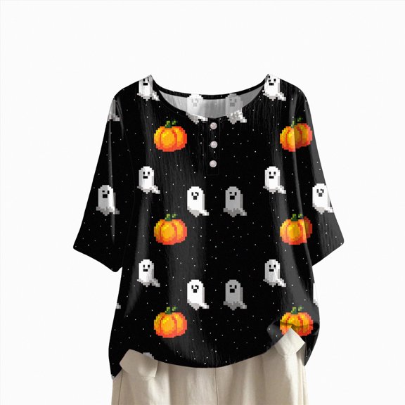 Godom Halloween Shirts for Women Ghost Graphic Button Oversized T Shirt Short Sleeve Tees Tops