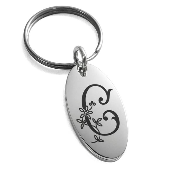 Tioneer Stainless Steel Letter C Initial Floral Monogram Engraved Small Oval Charm Keychain Keyring