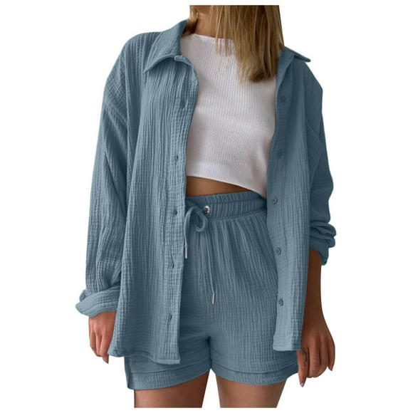 Linen Sets for Women 2 Piece Shorts Summer Beach Short Sleeve Top and Shorts Vacation Tracksuits Beach Outfits