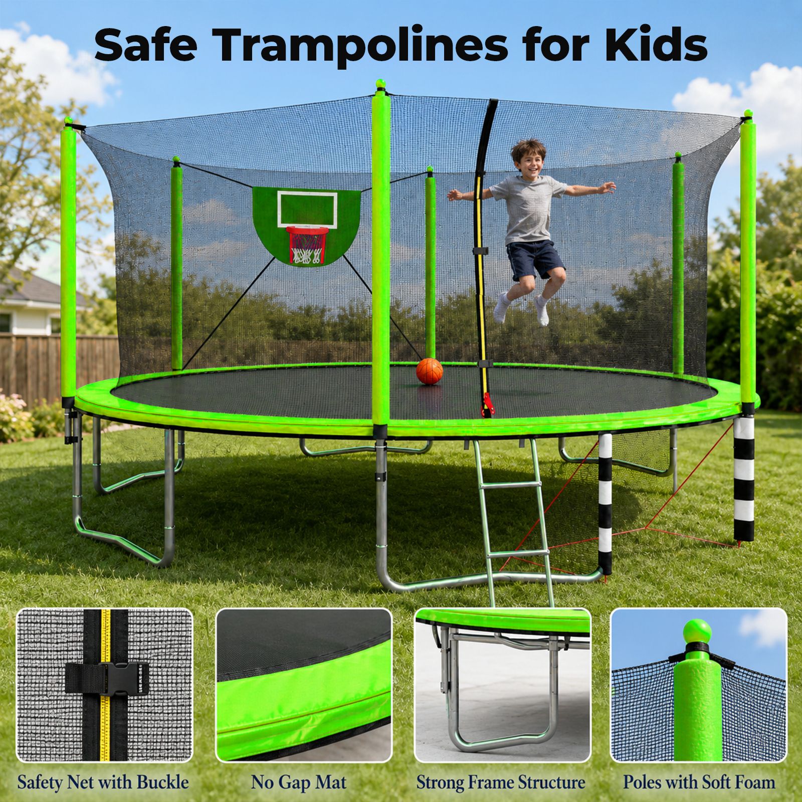 Alvantor 16Ft Trampoline for Kids & Adults, Round Trampoline with Enclosure Net,Basketball Hoop,Soccer Goal and Ladder for Backyard Green