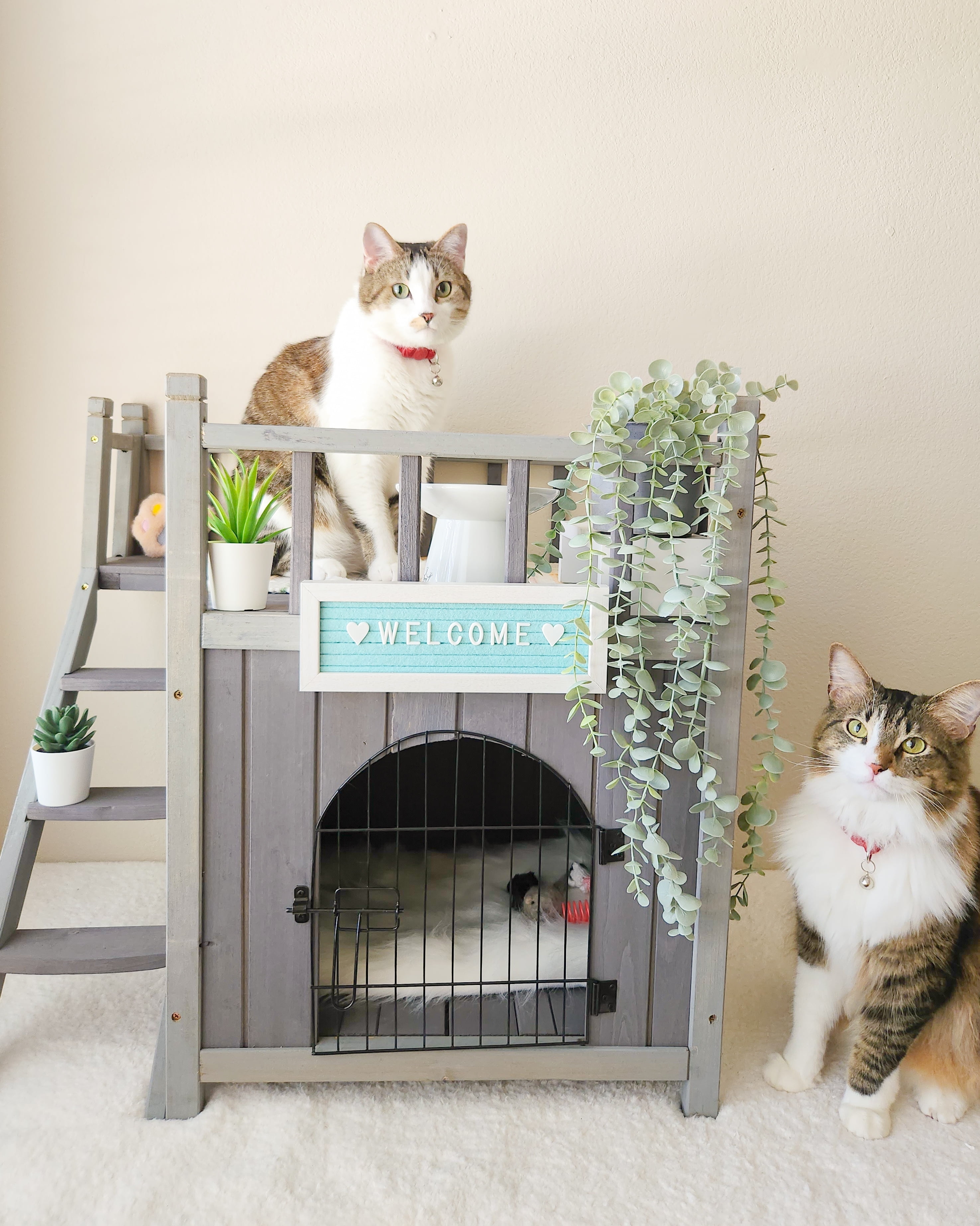 Aivituvin Wooden Cat House Outdoor Kitty Shelter Pet Houses with Stairs, 2 Storys