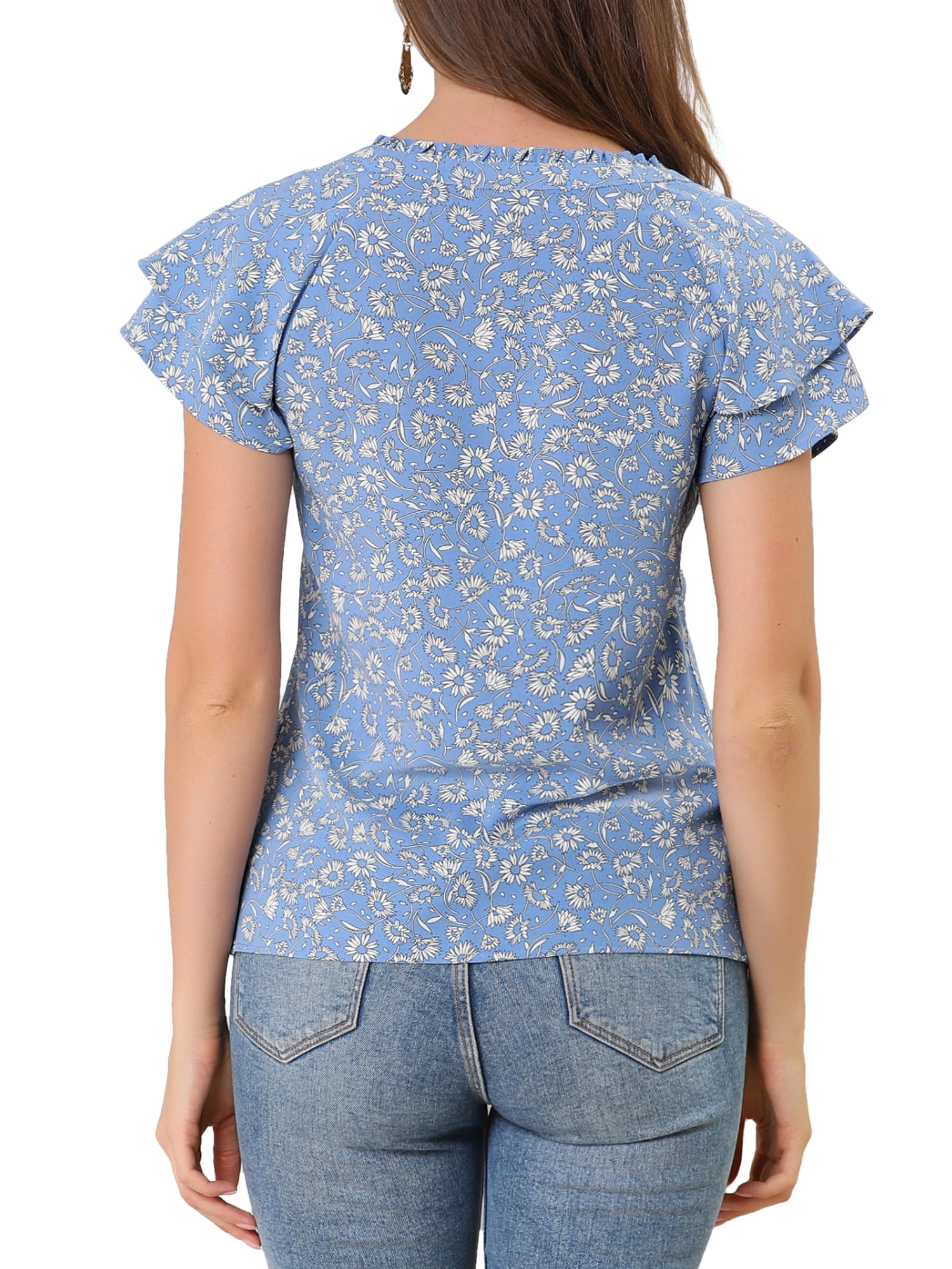 Unique Bargains Women's Floral Print Top Tiered Sleeve Button Down V Neck Blouse Blue M
