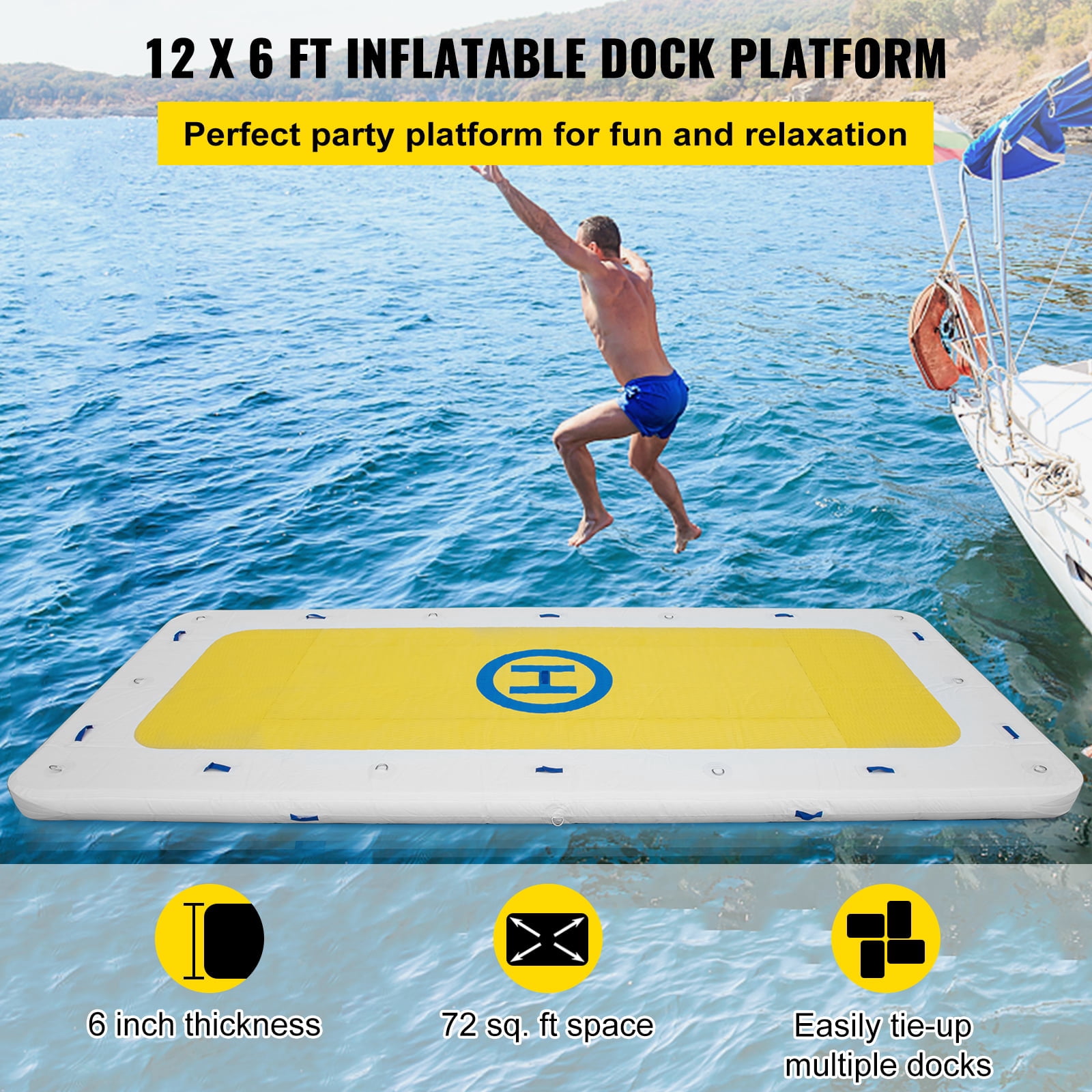 BENTISM Inflatable Dock Platform PVC Floating Dock 12 x 6 ft 3-5 Person w/2 Pumps