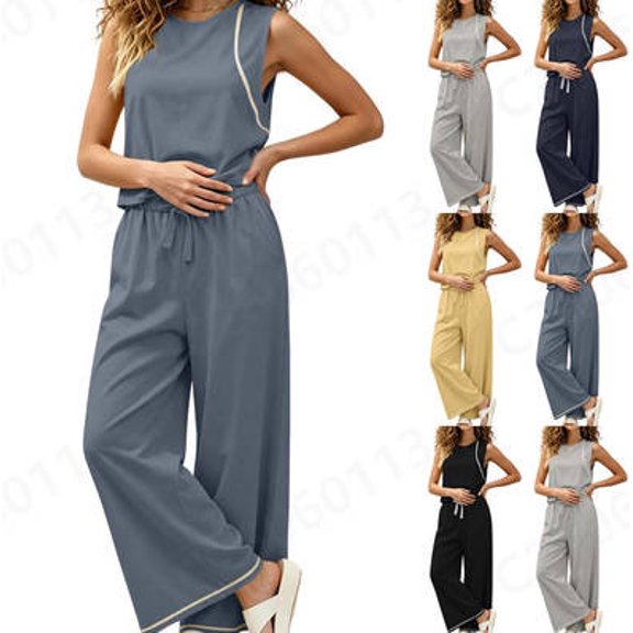 Women's Summer Fashion Sleeveless Tank Top Casual Long Pants Two Piece Loungewear Outfit Set Sky Blue XL(XL)