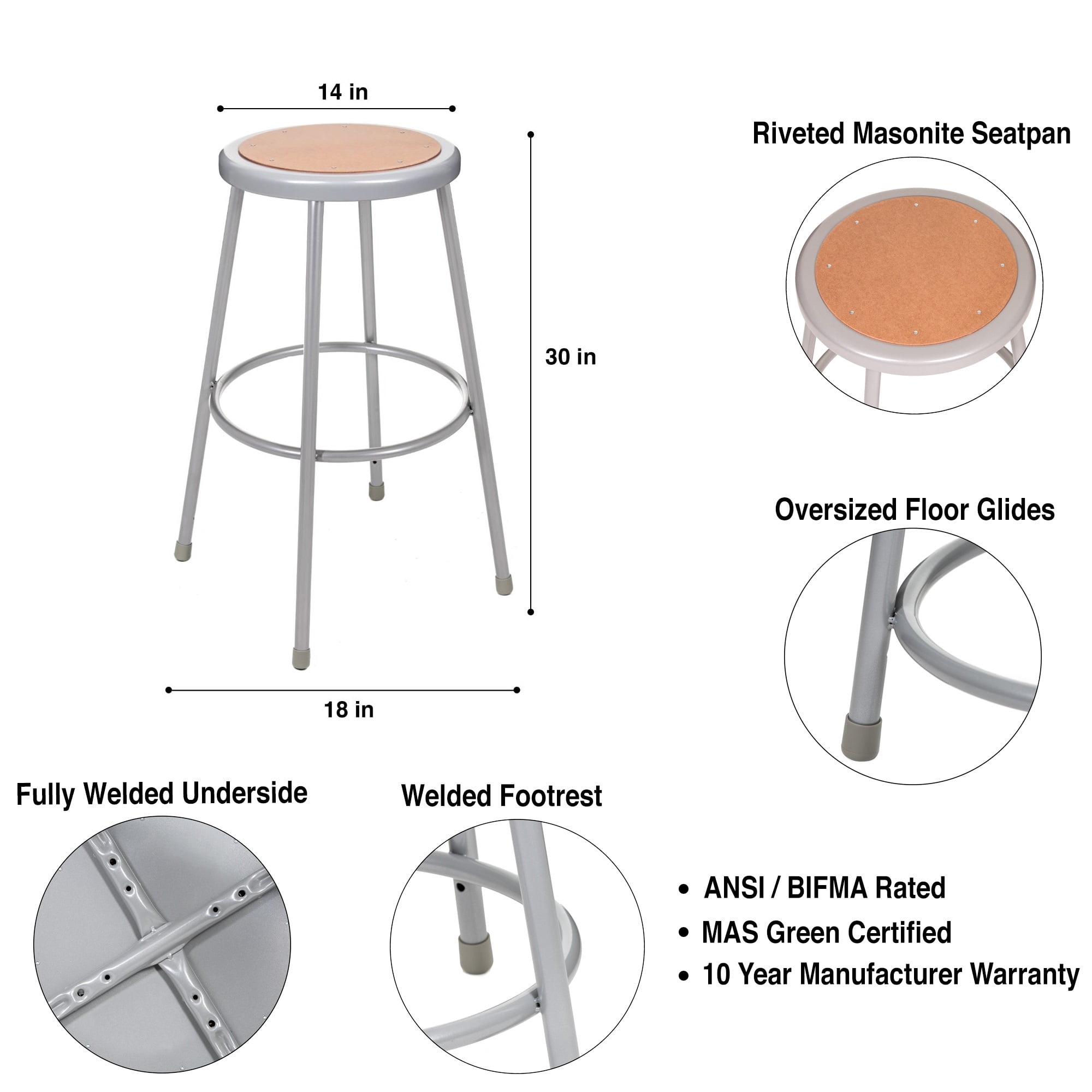 Hampden Furnishings Flynn Collection 30" Masonite/Steel Stool, Grey, Pack of 2