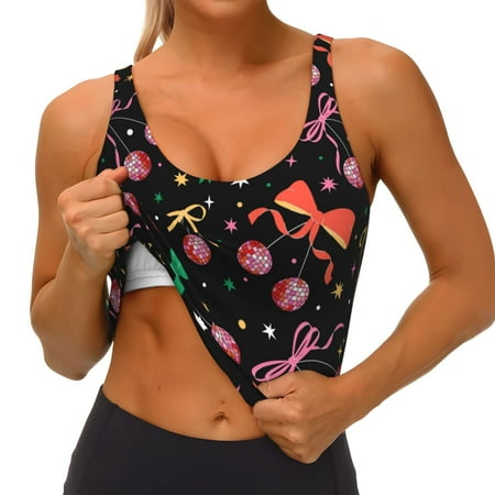 Qokaie Disco Mirror Ball Pattern Womens Scoop Neck Sports Bra Breathable Workout Vest Padded U Back Medium Impact Fitness Gym Yoga Bra Workout Crop Top