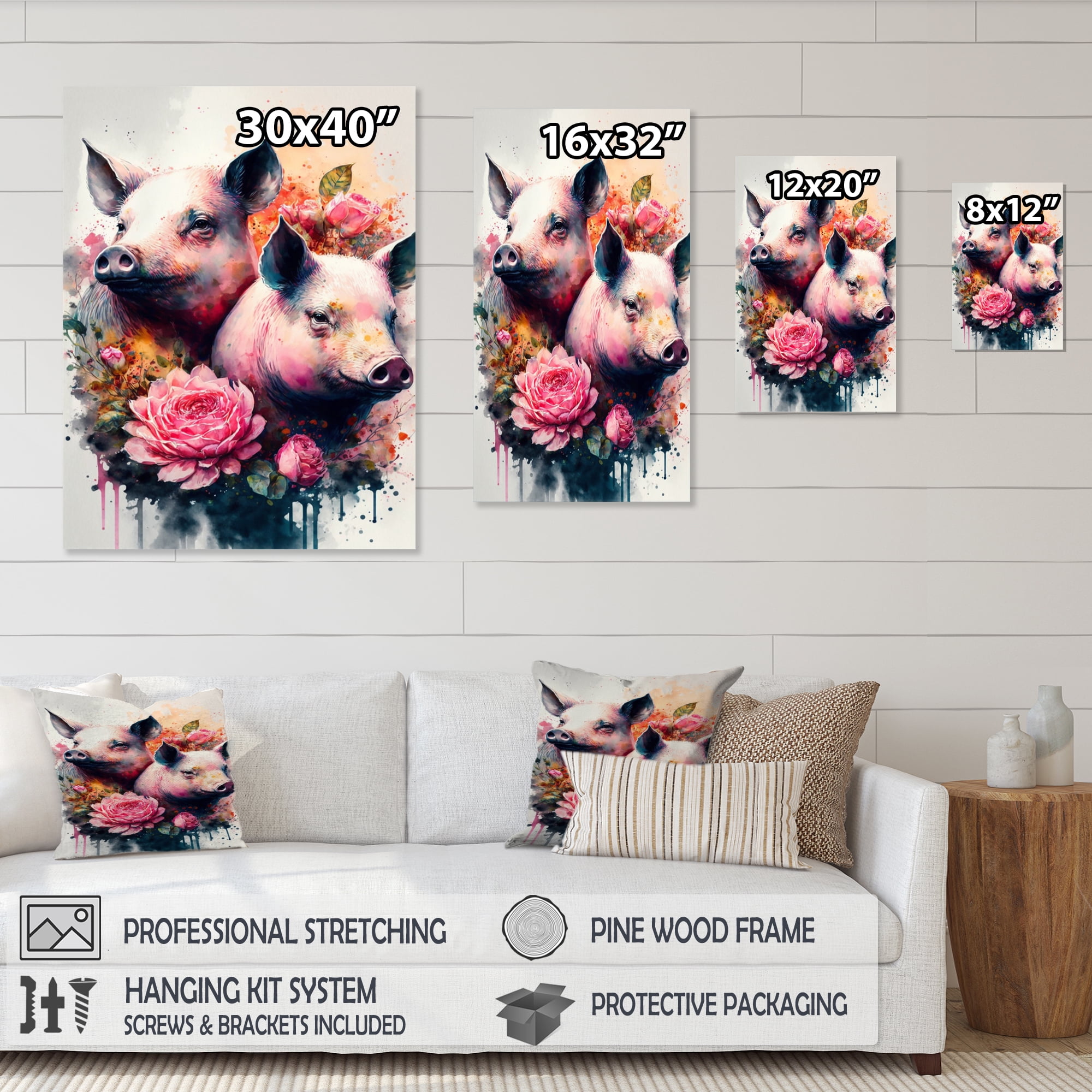 Designart Cute Pigs Floral Art Canvas Wall Art