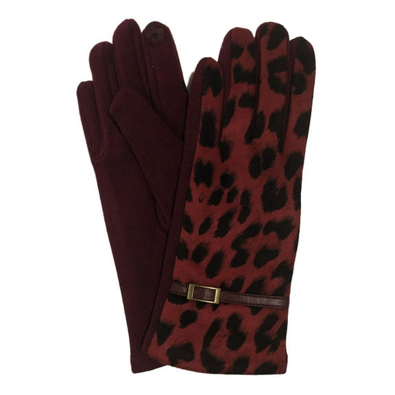 Womens Wine Red Leopard Print Stretch Fit Texting & Tech Touchscreen Gloves