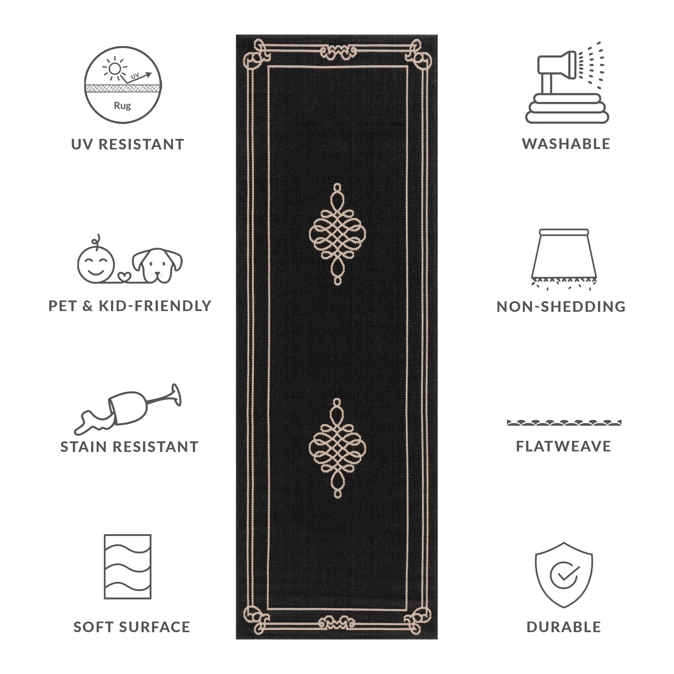 Safavieh Courtyard Andy Medallion Indoor/Outdoor Runner Rug, Black/Creme, 2'3" x 12'
