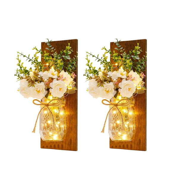 Toystoory - Apliques de tarro rústico para decoración del hogar, temporizador de 6 horas, decoración de pared de flores decorativas con tira de luces Iluminación y accesorios Amarillo Toystoory HA000915-01B