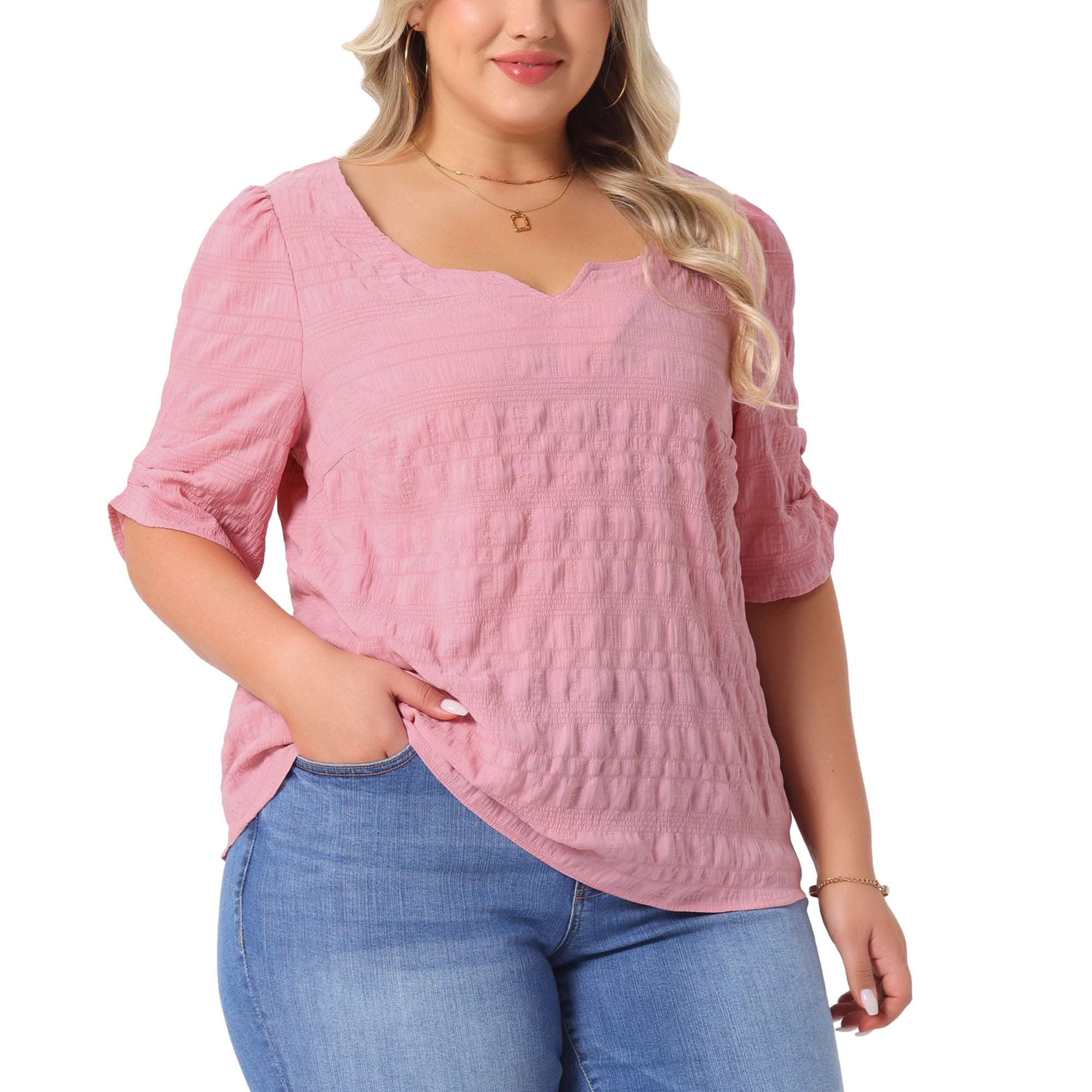 DARING DIVA Women's Plus Textured Notched V Neck Blouse 1X Pink