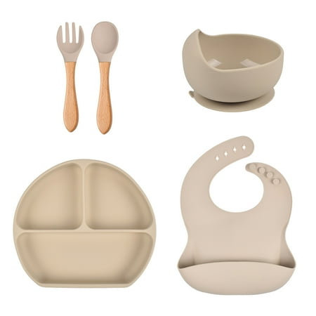 

5 Pcs Baby Silicone Bibs Divided Dinner Plate Sucker Bowl Spoon Fork Set Training Feeding Food Utensil Dishes Tableware Kit for Newborn Toddlers Infants Gifts