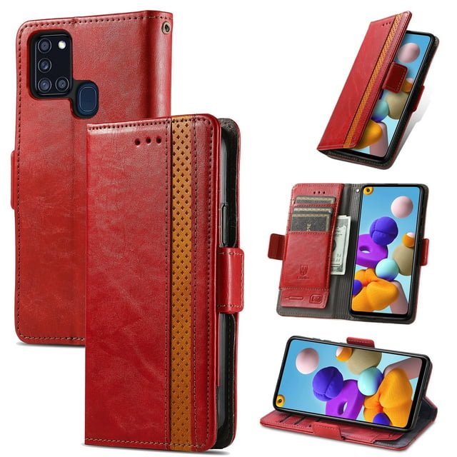 Case for Samsung Galaxy A21S Cover Leather Wallet Folio Case Book Design Flip Magnetic Closure - Red