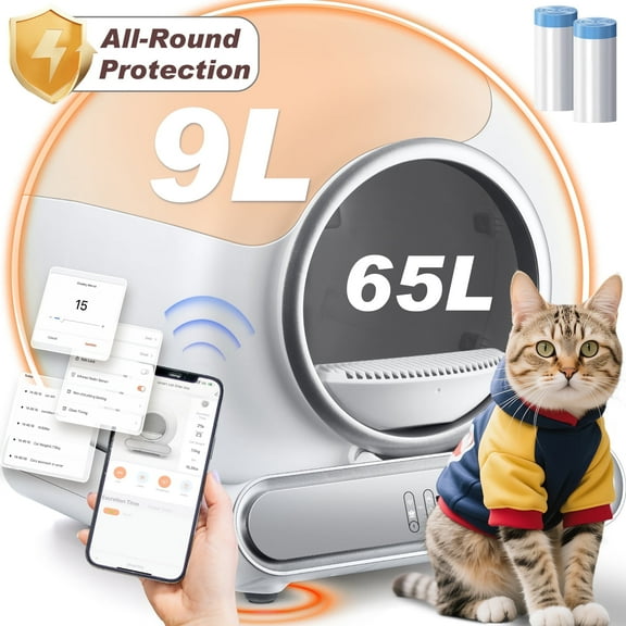 Self-Cleaning Automatic Cat Litter Box, Scheduled Self-Cleaning & Odor Removal with Smart APP Control, 65+9L Large Space for Multiple Cats, 100% Anti-pinch Structure