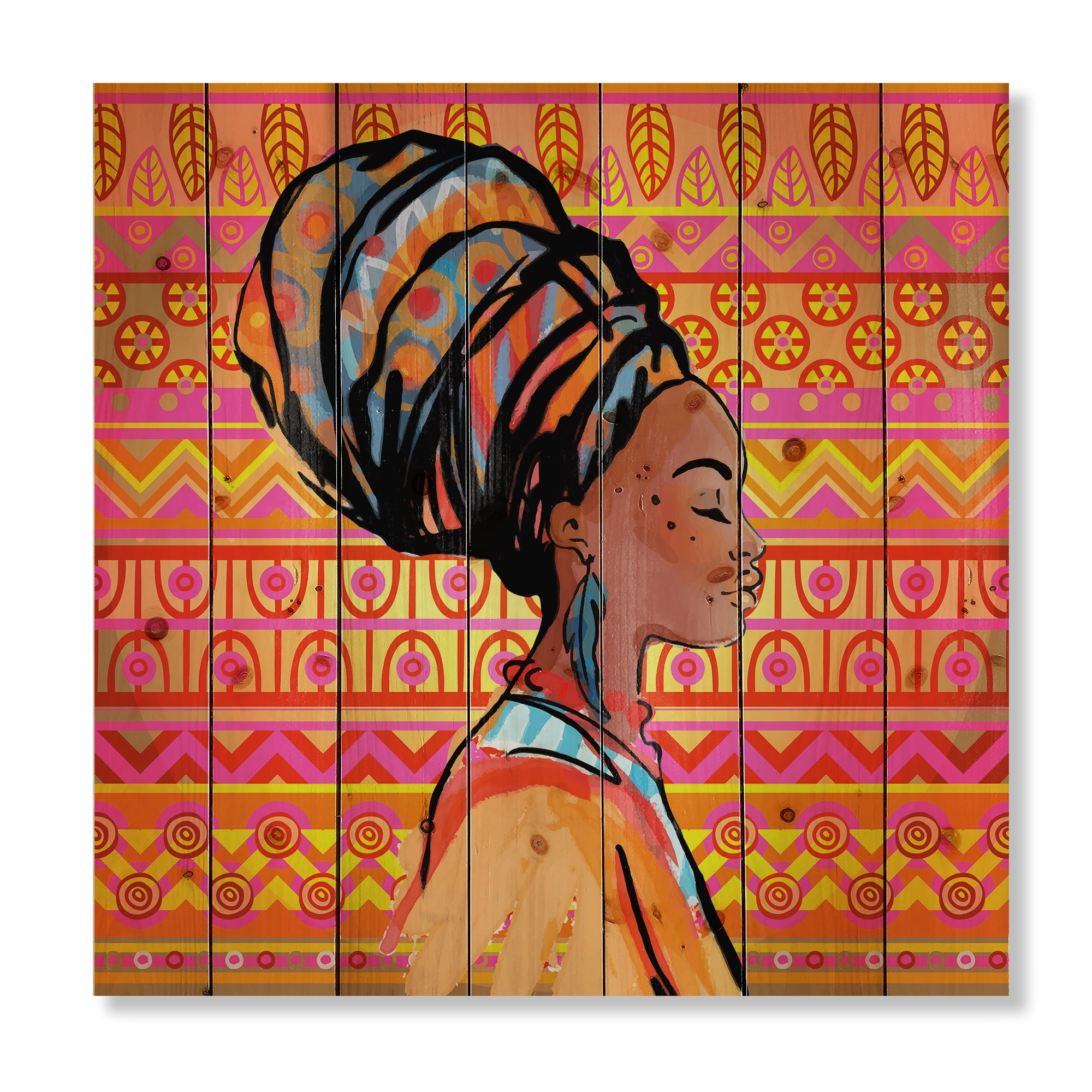 Designart 'Portrait of African American Woman With Turban I' Modern Print on Natural Pine Wood