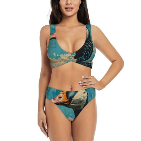 Zeuib Blue Watercolor Duck High Waisted Tummy Control Bikini Set - Knot Front Push Up Top & Cheeky Thong Bottom  Two-Piece Swimsuit for Women-X-Large