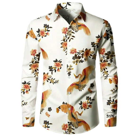 Mens Shirts Casual 3D Floral Print Comfortable Long Sleeve Button Down Lapel Blouse Loose Lightweight Men Dress Shirt Orange L