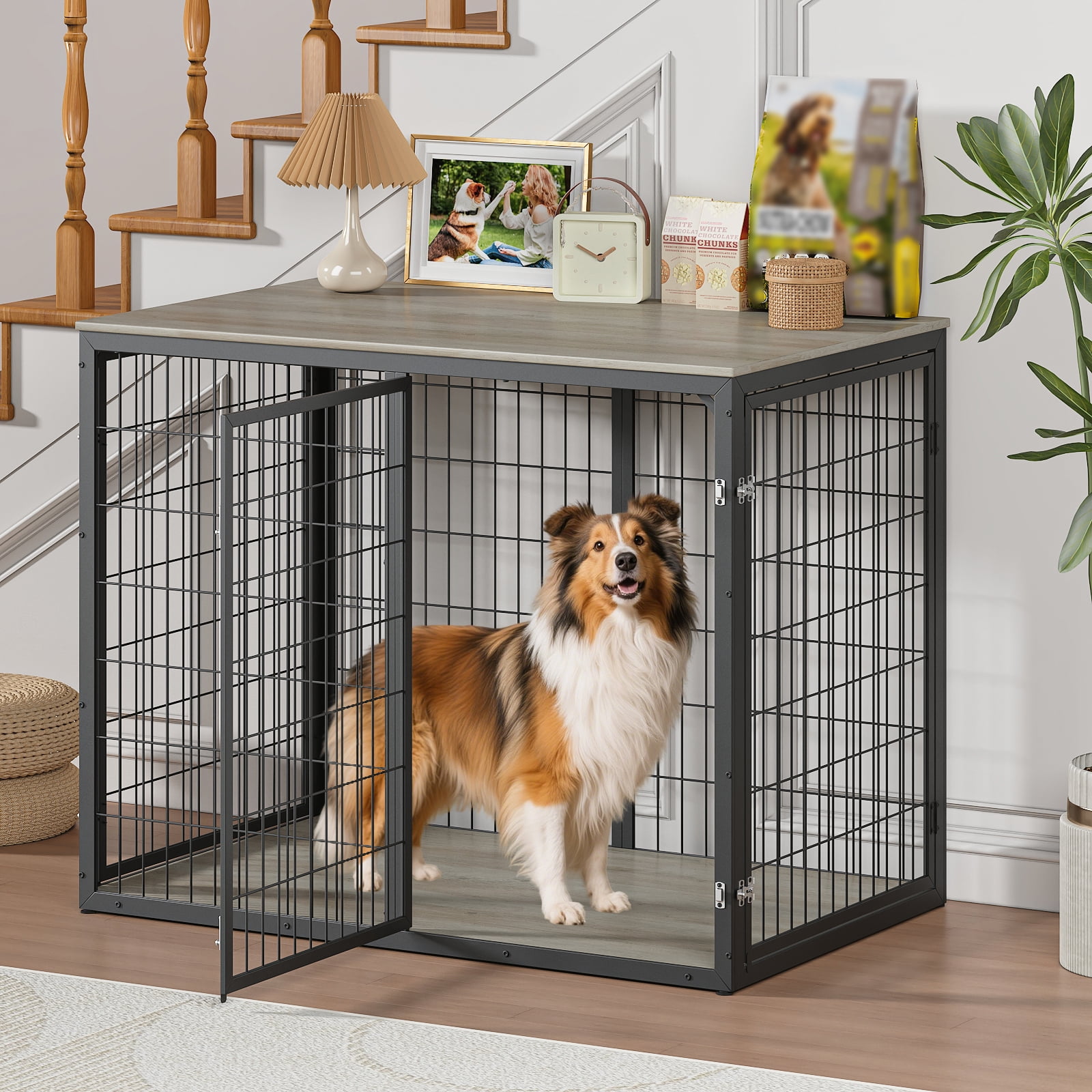 Dog Crate Furniture, Three Door Kennel, Grey Pet House with Ventilated Metal Frame and Storage Top, Large Dog Cage for Living Room, 47 Inch Grey