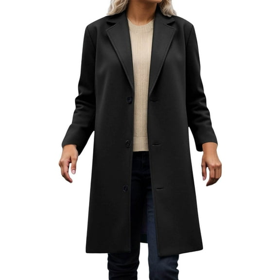 Womens Jacket Fall Elegant Single Lapel Wool Solid Commute Work Trench Coat Lightweight Outwears