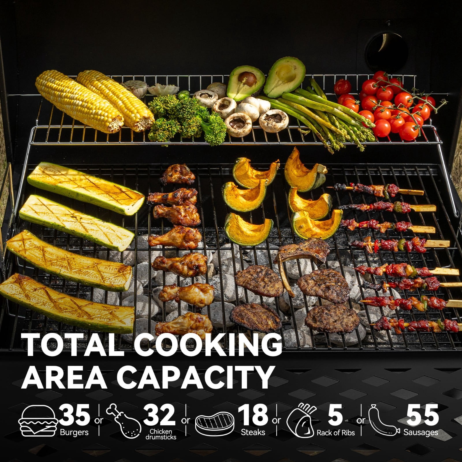 28-Inch Barrel Charcoal Grill with Offset Smoker,855 Sq, Black