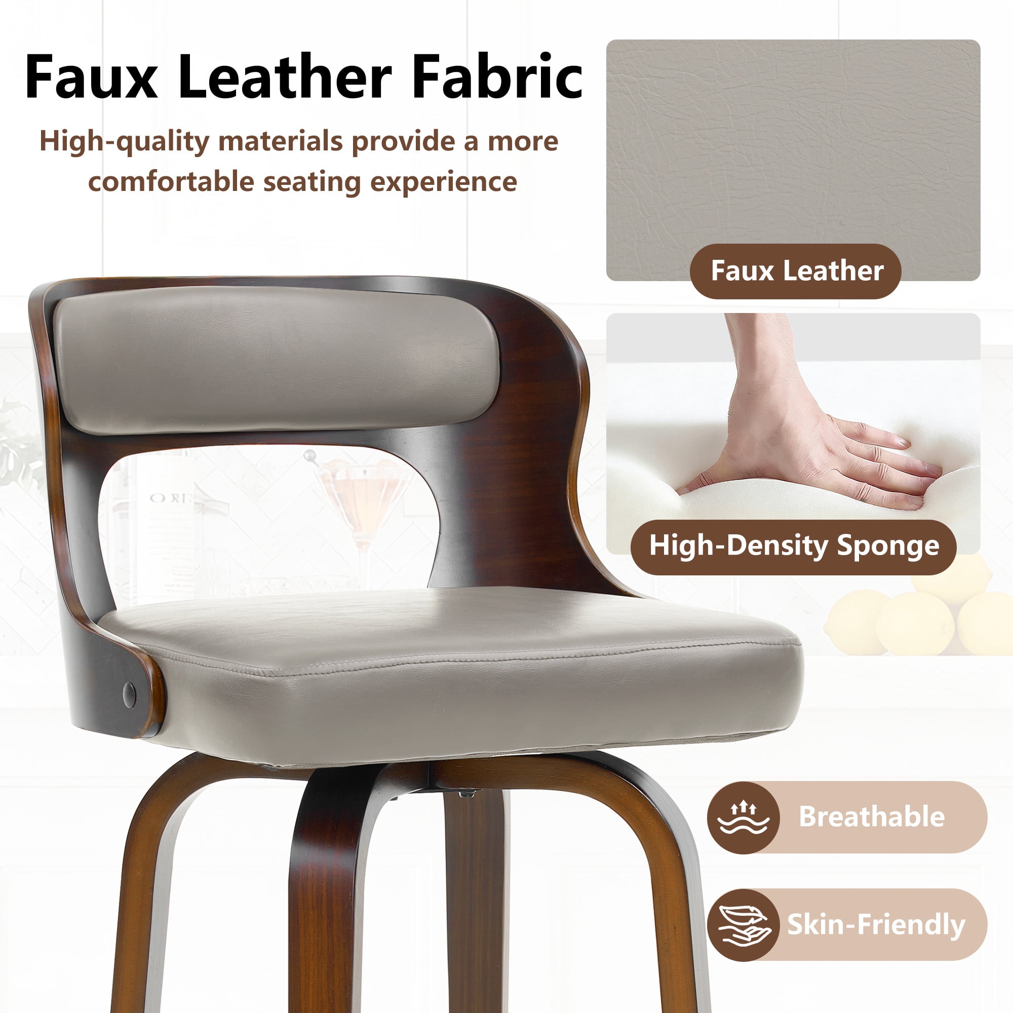 ClinQ 26 inch Swivel Bar Stool Set of 1, Counter Height Bar Chair with Walnut Legs and Silver Ring Footrest, Upholstered Faux Leather, Gray