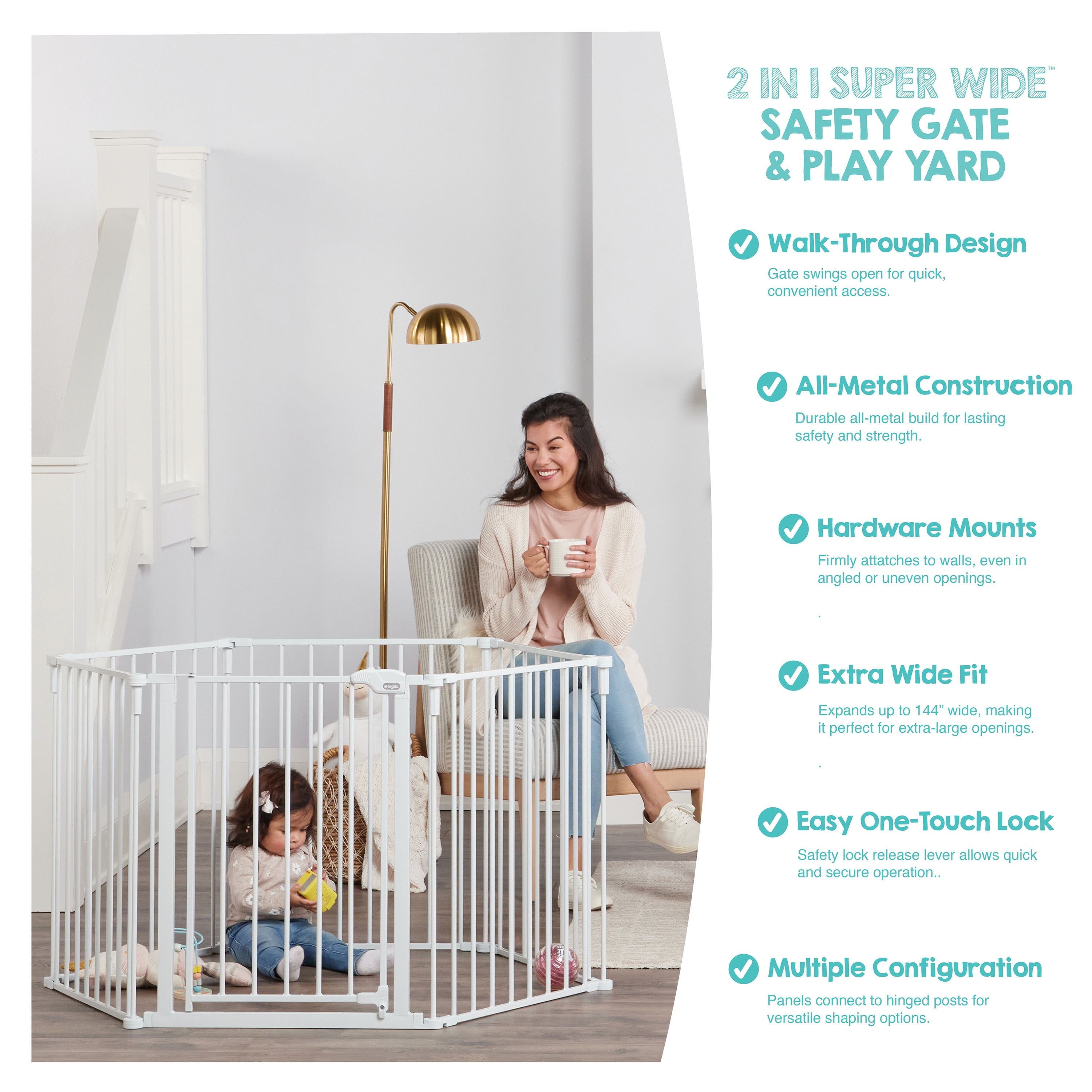 Regalo Super Wide Baby Gate and Play Yard, 56-144 in, White, Ages 6-24 Months
