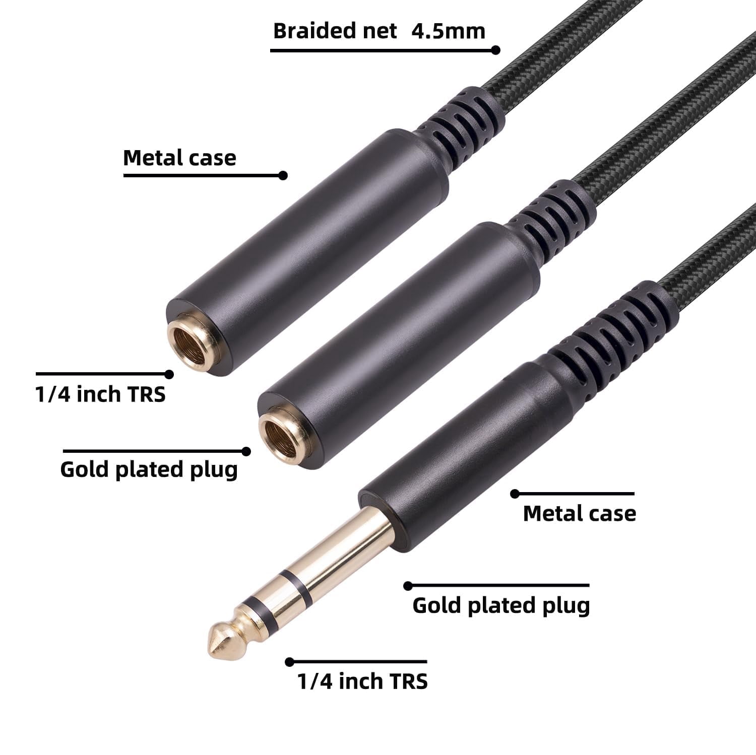 1/4 TRS Stereo Audio Cable for Guitar or Mixer with Jack Output, 1 FT, Pack, Black, Splitter Y Adapter, 6.35mm Male to Dual Female