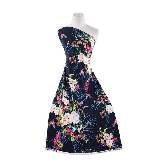 Zelouf Hawaiian Orchids On Knit Jacquard  , Sewing, DIY, Crafts Fabric by the Yard, 937 Blk/fusch, 3 Yard