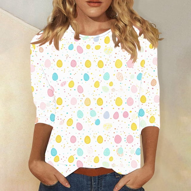 TaTaai Casual Easter Pullover for Women 3/4 Sleeve Round Neck Printed Loose Fit T Shirt Fashion Top Soft Comfortable Lightweight Blouse for Spring Summer Gift