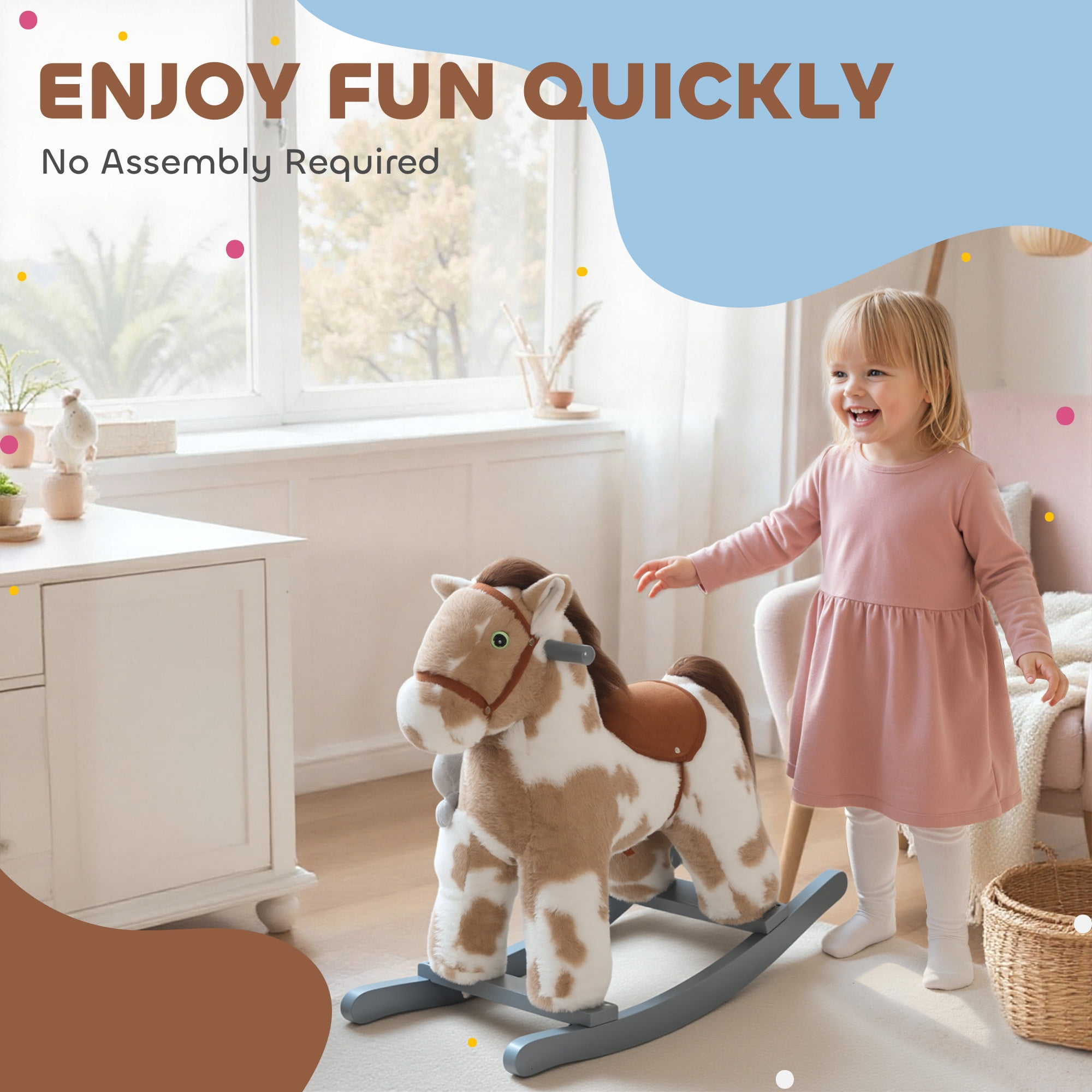 Rocking Horse, Kids Plush Animal Rocker with Realistic Neigh for Toddlers, Soft Filling Ride on Horse with Rabbit Toy, Brown