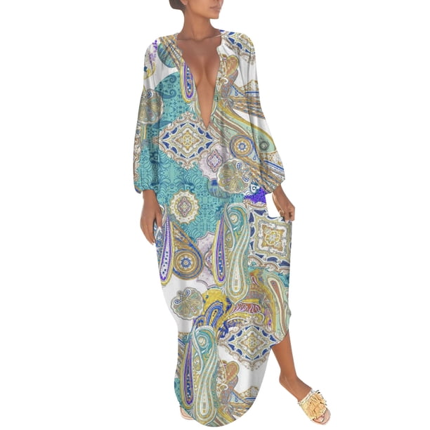 Gibobby Vestido de verano casual para mujer Vestido a media pierna con botones y estampado floral de manga larga con cuello en V casual para mujer(Azul,G)