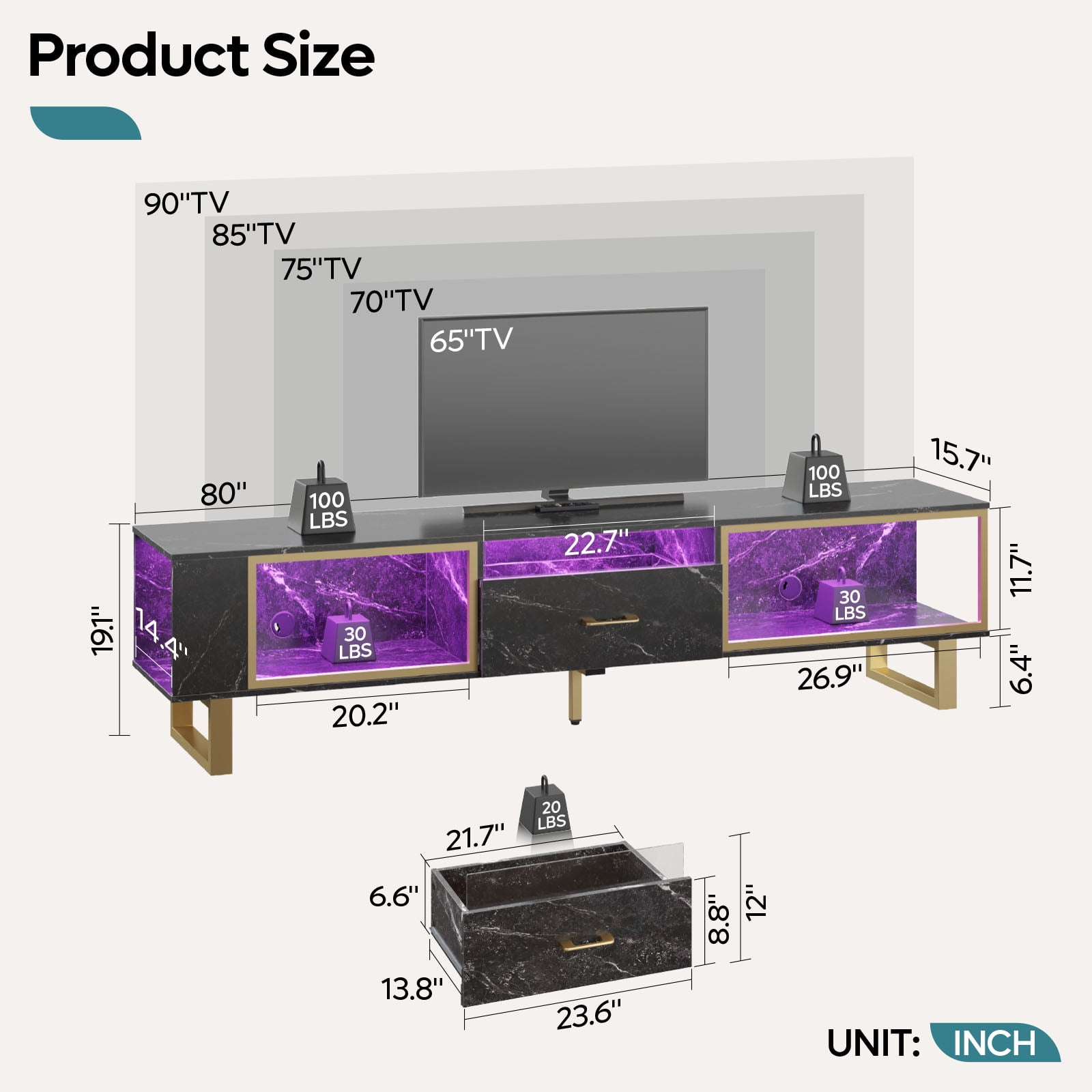 Bestier LED TV Stand for TVs up to 85", Entertainment Center with Drawer & Storage Shelves, Black Marble