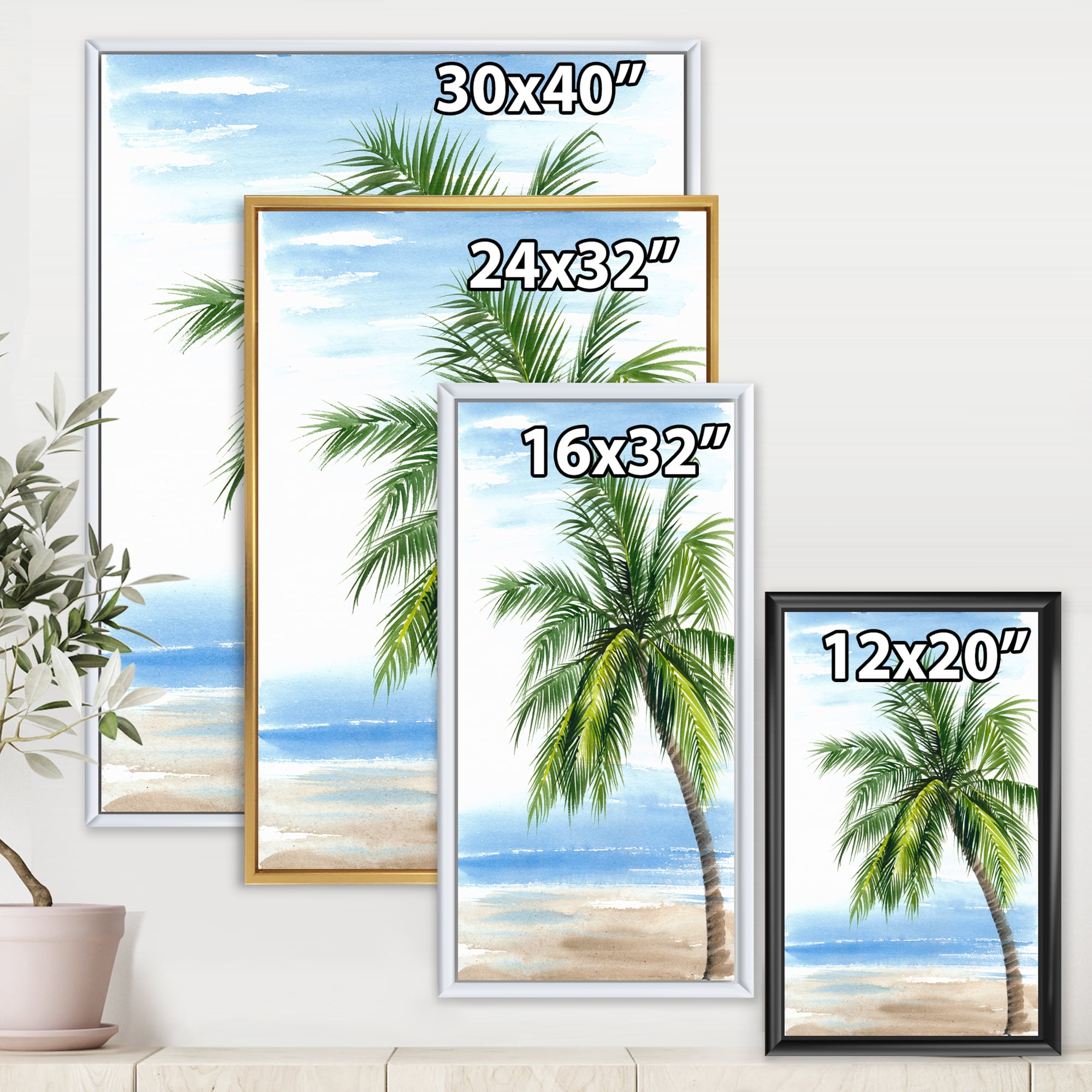 Designart 'Palm Tree At The Beach' Nautical & Coastal Framed Canvas Wall Art Print