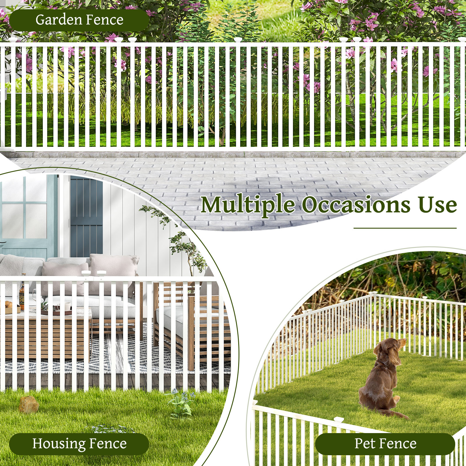 Patiojoy Garden Decoration Fence Pack of 2 Vinyl Picket Panels with Sharp Ground Stakes Protective Caps PVC Slatted No Dig Fence