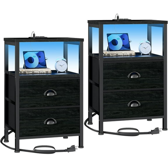 Nightstand 2-Piece Set, Side Table with Charging Station and LED Light, Black Nightstand
