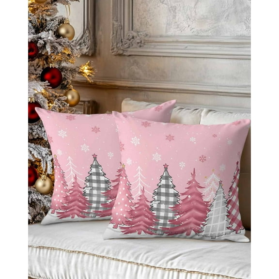 Christmas Decorative Throw Pillow Covers 20x20 Inch Set of 2 Pink Xmas Tree Forest Pillow Cases for Couch, Snow Snowflake Cushion Case for Living Room Bedroom Bed Car Chair