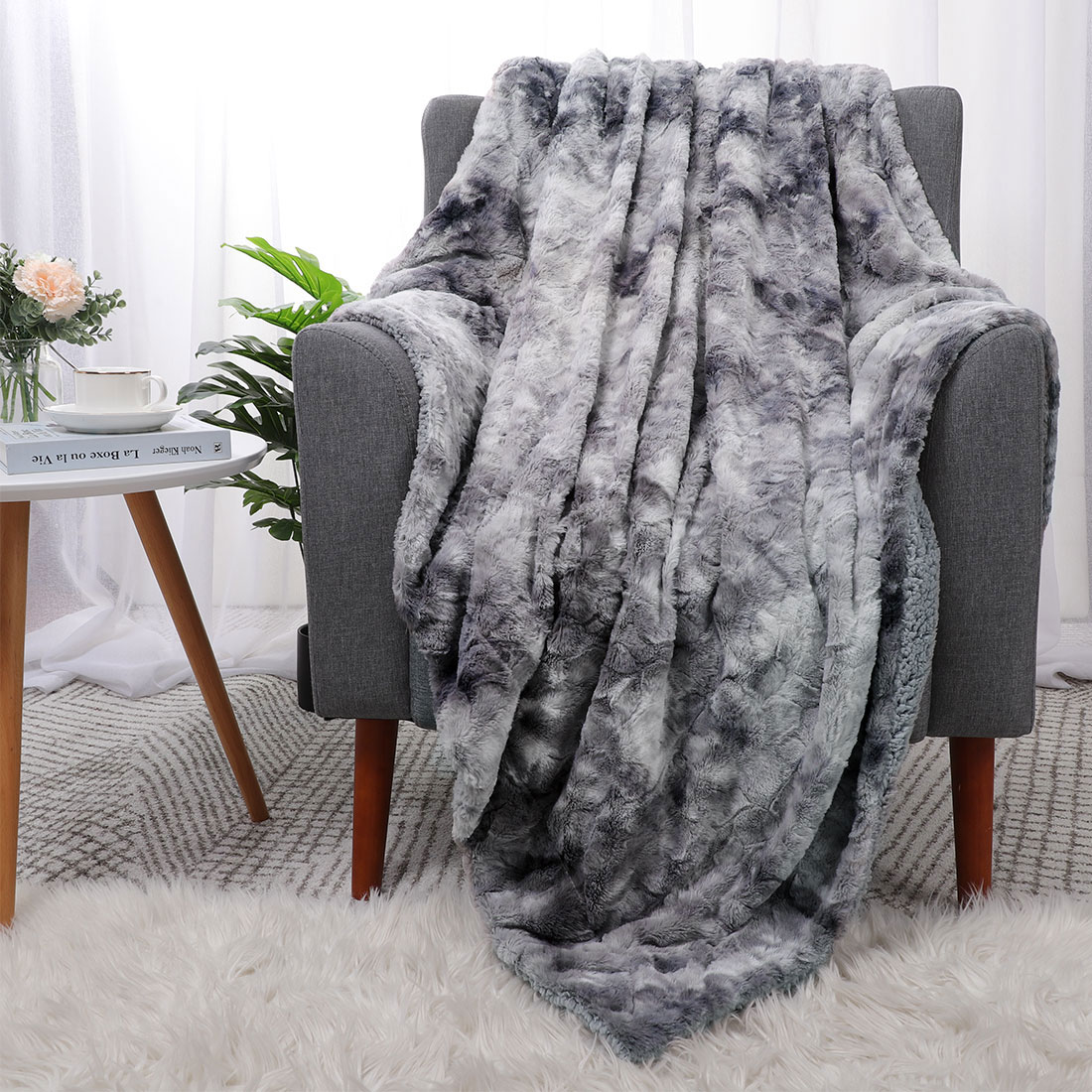 Unique Bargains Faux Fur Shaggy Sherpa Throw Blanket, 50" x 60", Slate Gray