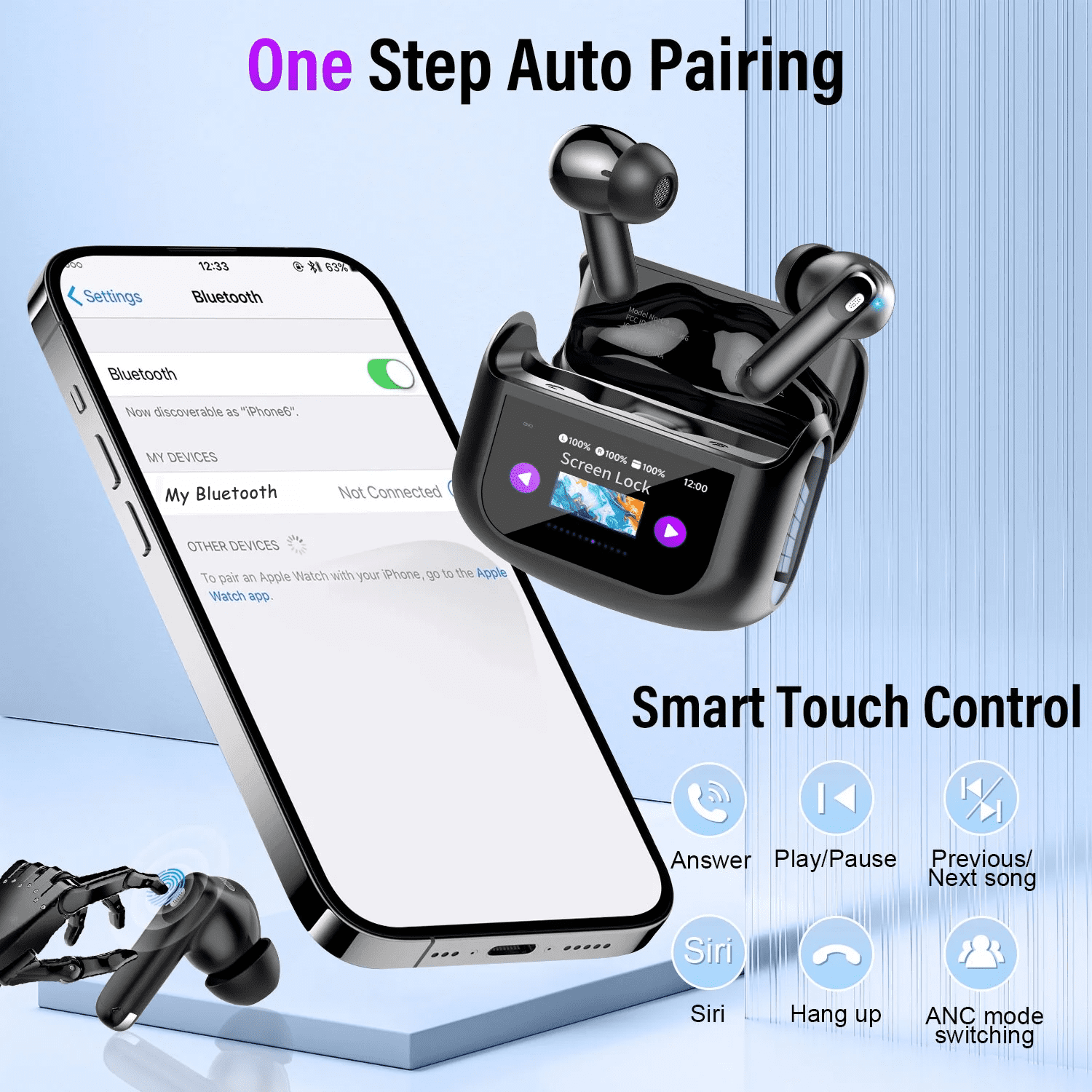 Salange Touch Screen Wireless Earbuds, Bluetooth 5.4 Multifunctional Ear Buds with ANC Noise Cancelling MicClear Calls Earphones, 48H Bass Stereo Headphones,  IPX7 Waterproof Headphones for Workout