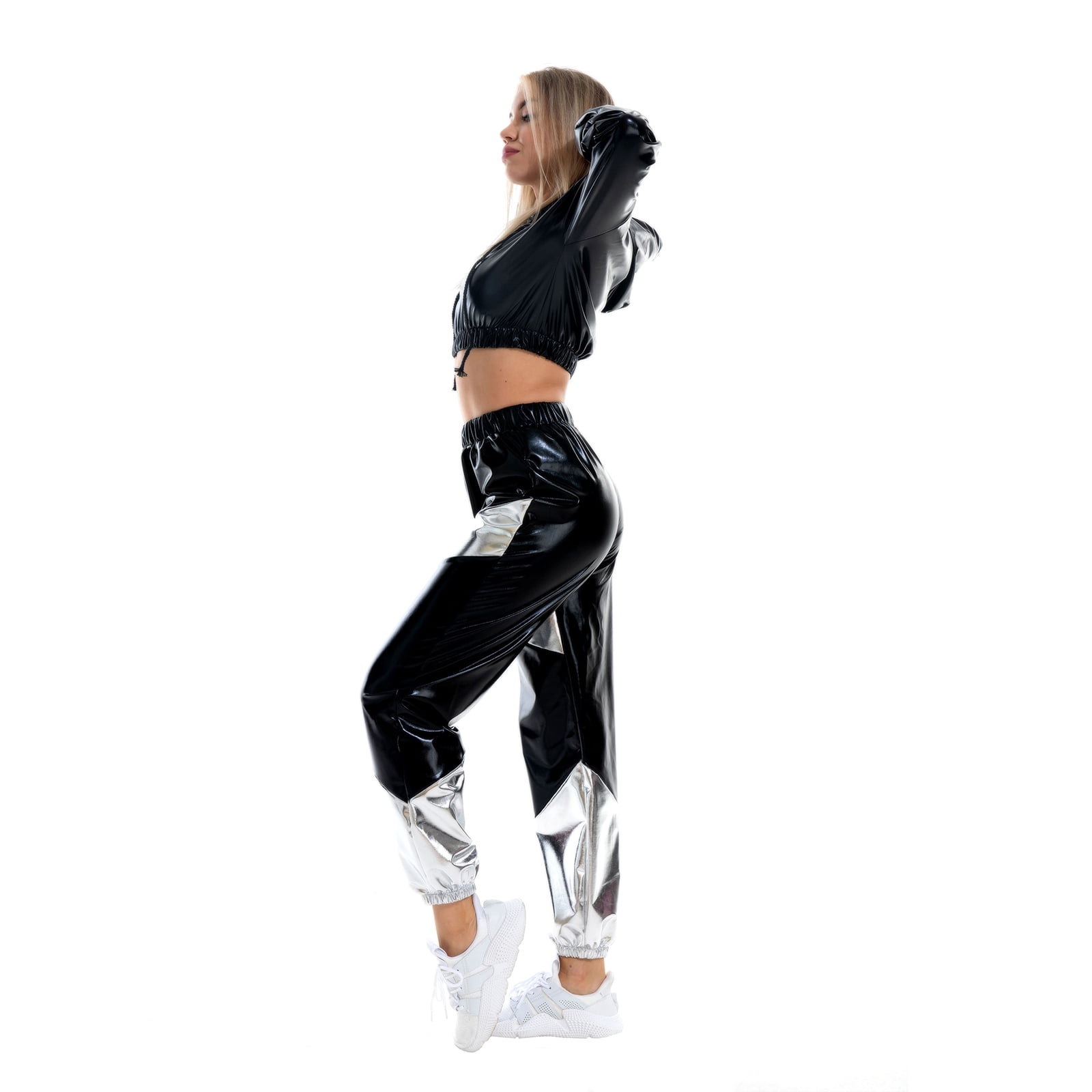 IBTOM CASTLE Women's Rave Outfit Shiny Crop Top Hoodie Casual Long Pants Hooded Workout Sweatshirt Dance Clubwear XXL Black