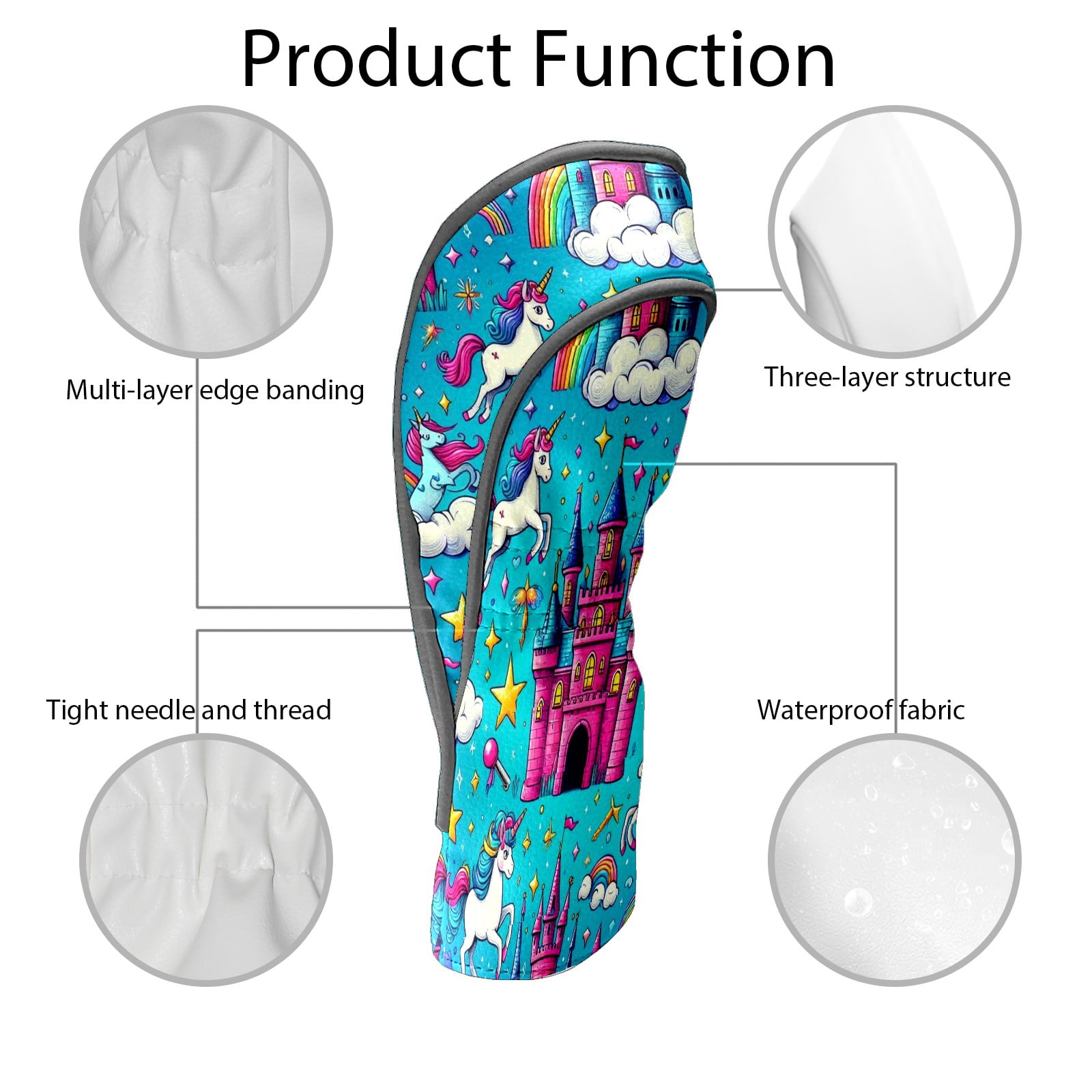 Golf Club Head Covers Rainbow Unicorn Castle for Driver and Fairway Woods, Premium PU Leather, Waterproof, Velvet Lining, Unisex Golf Gift