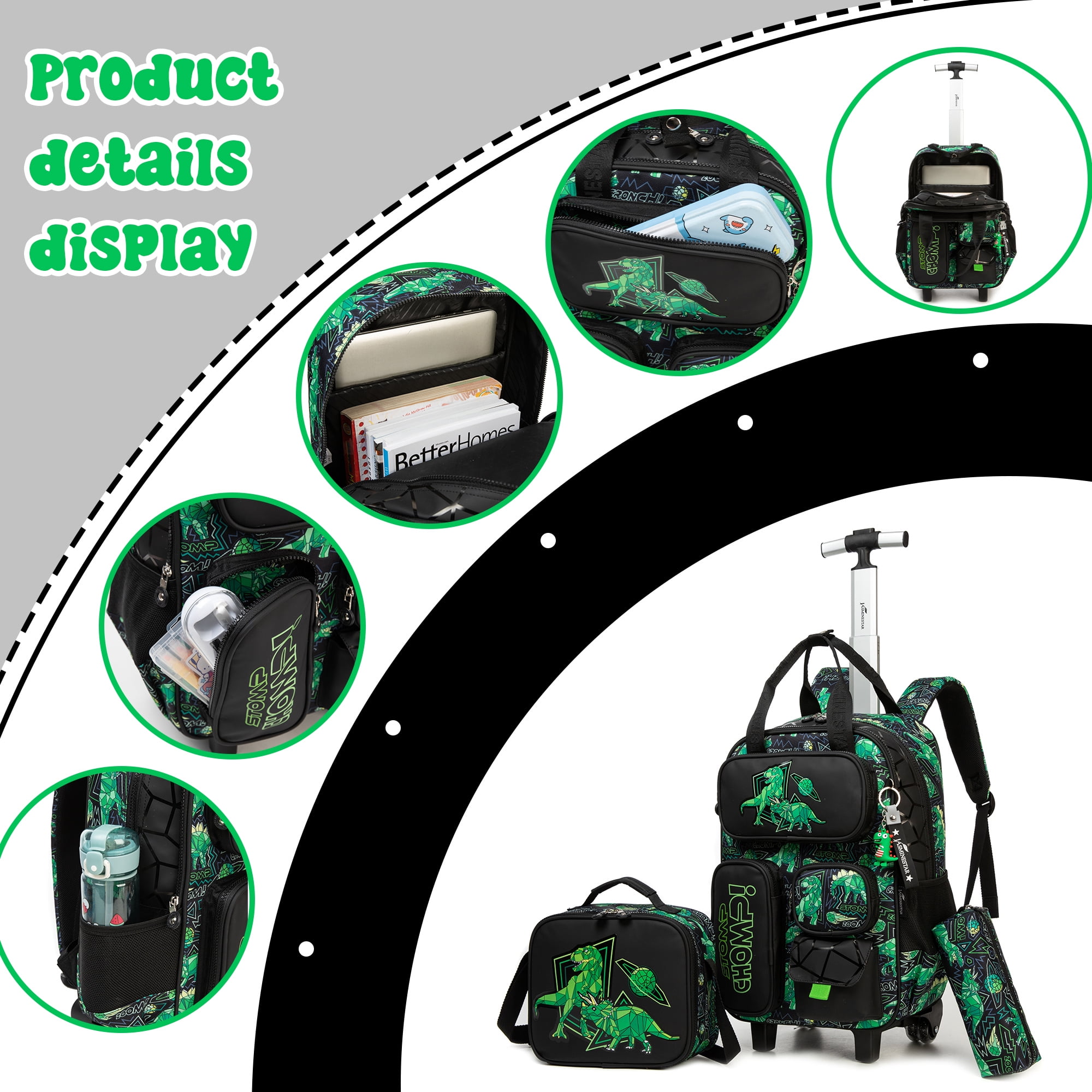 Kids Rolling Backpack Boys Roller Backpacks with Wheels 3 In 1 Wheeled School Bags with Lunch Box Pencil Case Ages 8-10