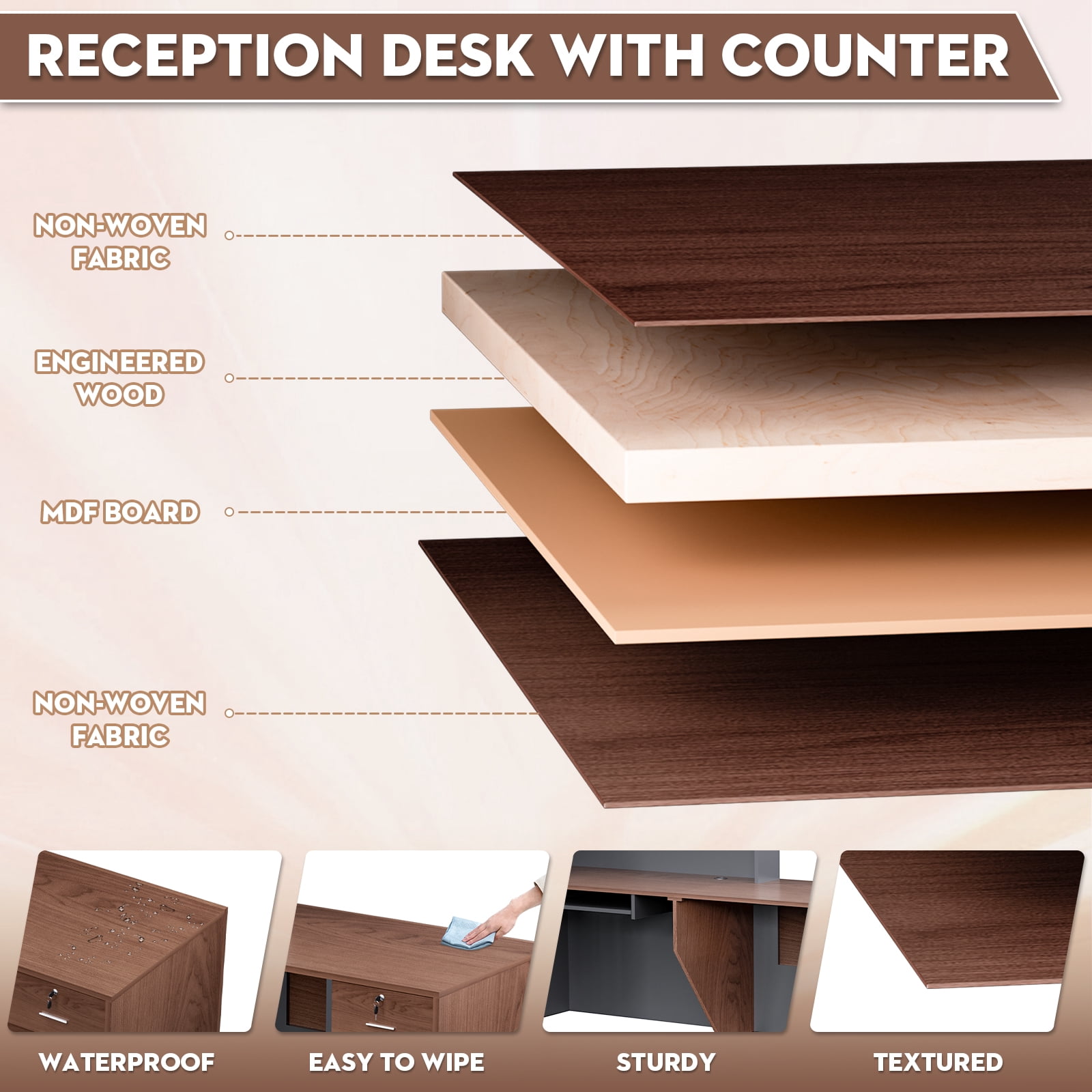 Vakiorn L Shaped Modern Wooden Commercial Reception Desk 71 inch with Counter Shelves Storage Drawers for Office Home Brown Black Left