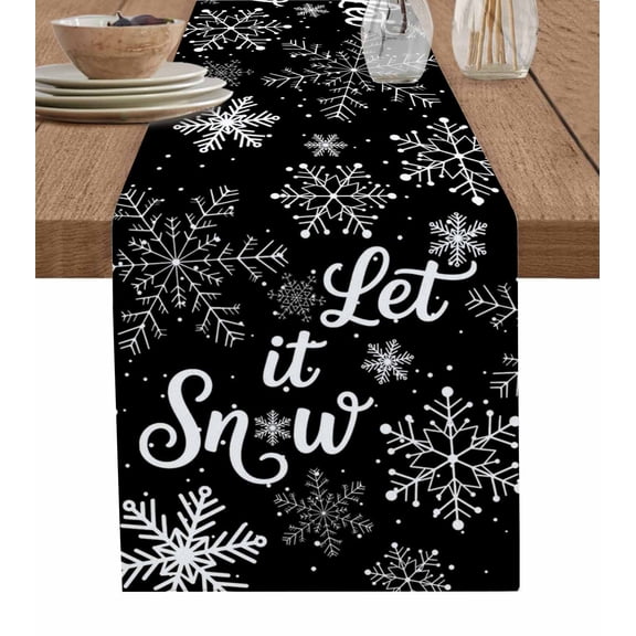 Black Christmas Table Runner 36 Inches, Xmas Snowflake Winter Modern Art Bed Runner Dresser Scarves Tabletop for Indoor Outdoor Parties/Ceremony/Banquet, 13"x 36"