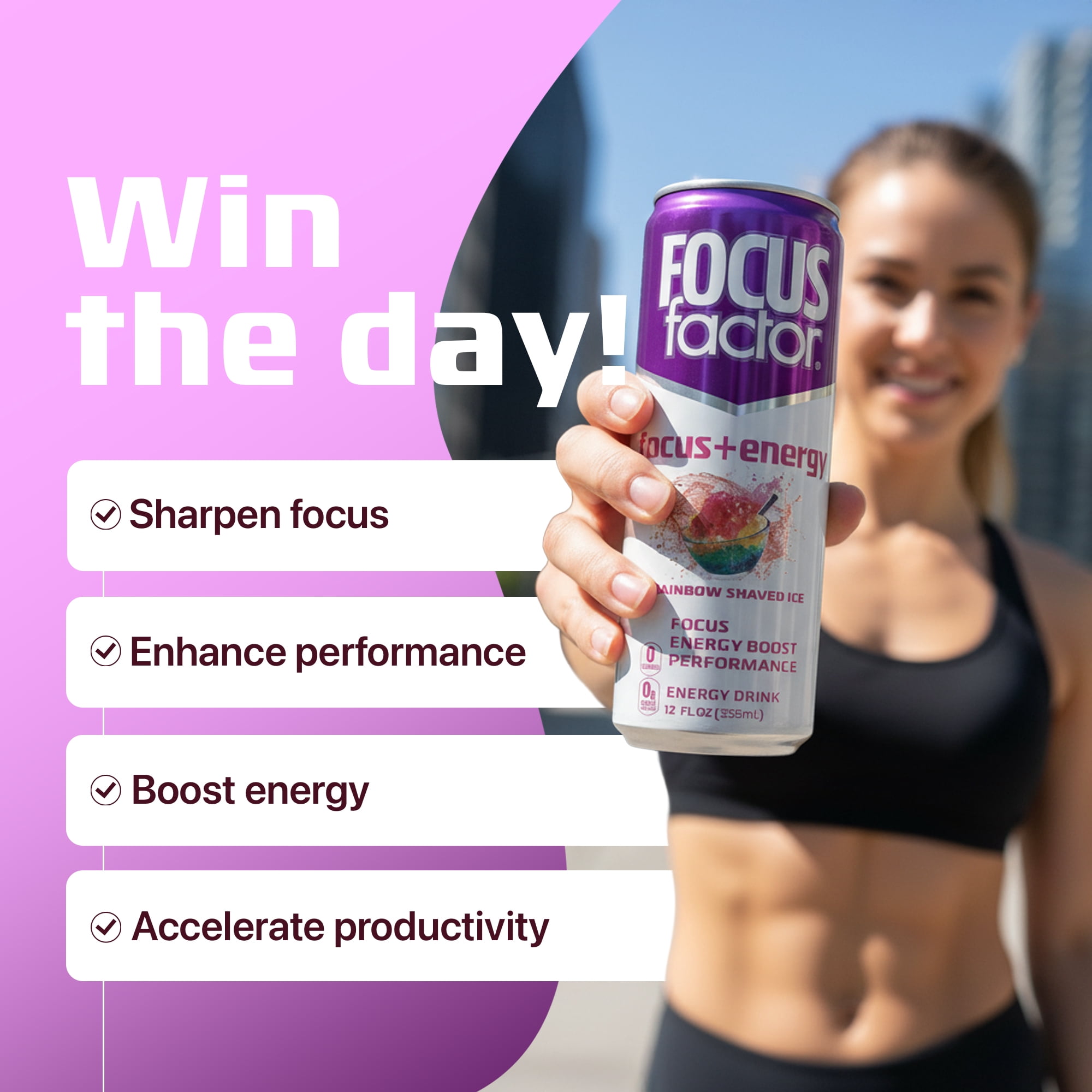 Focus Factor Energy Drink - 12 x 355ml Cans (Rainbow Shaved Ice Flavor) - with Focus + Energy - Sugar Free, Low Calorie with Vitamin B6 & Vitamin B12