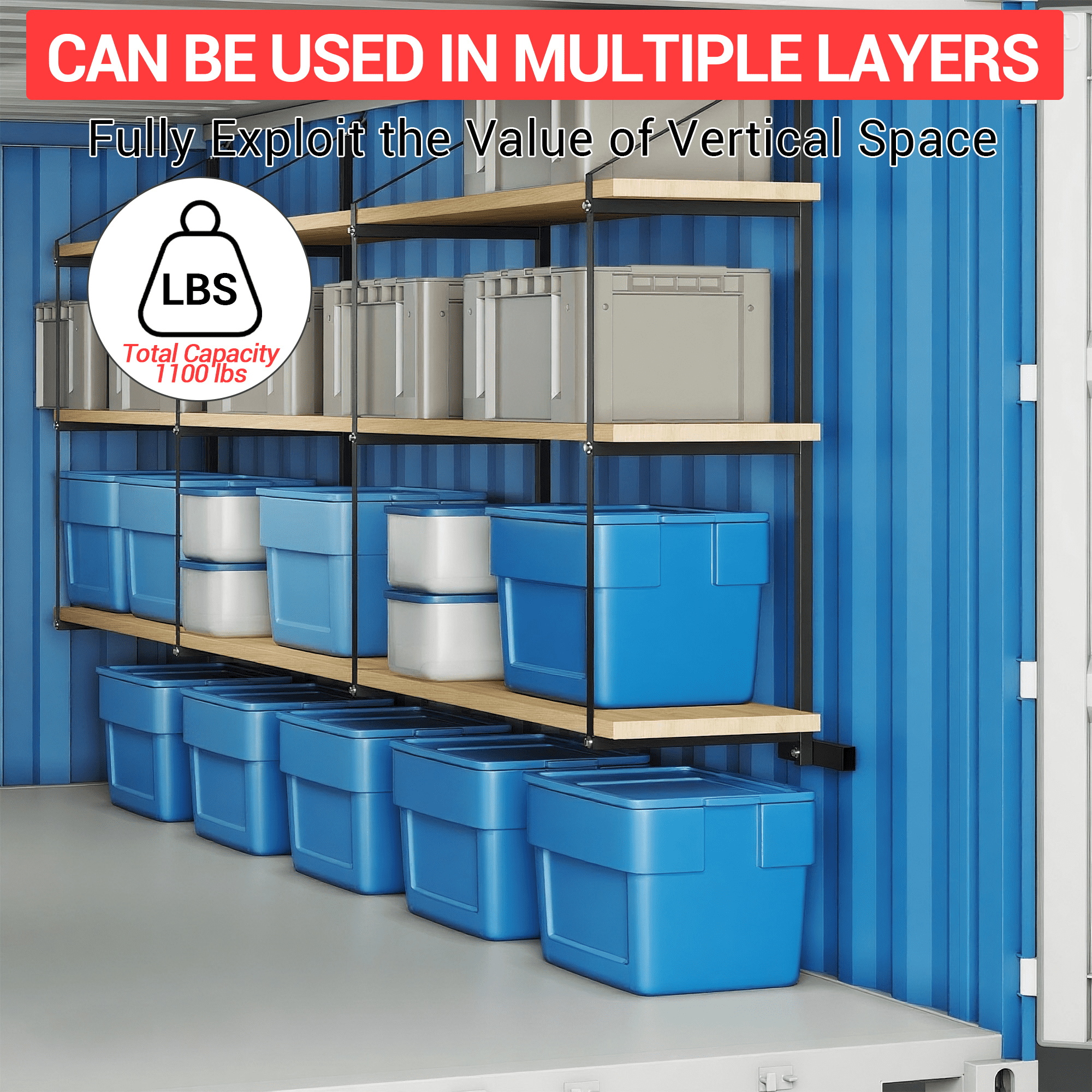 2/4 Pack Shipping Container Shelving Brackets 3-Tier,1100LBS, Hang & Hook Type, Cargo Containers Storage Shelves, Easy to Install Removable, Heavy-Duty