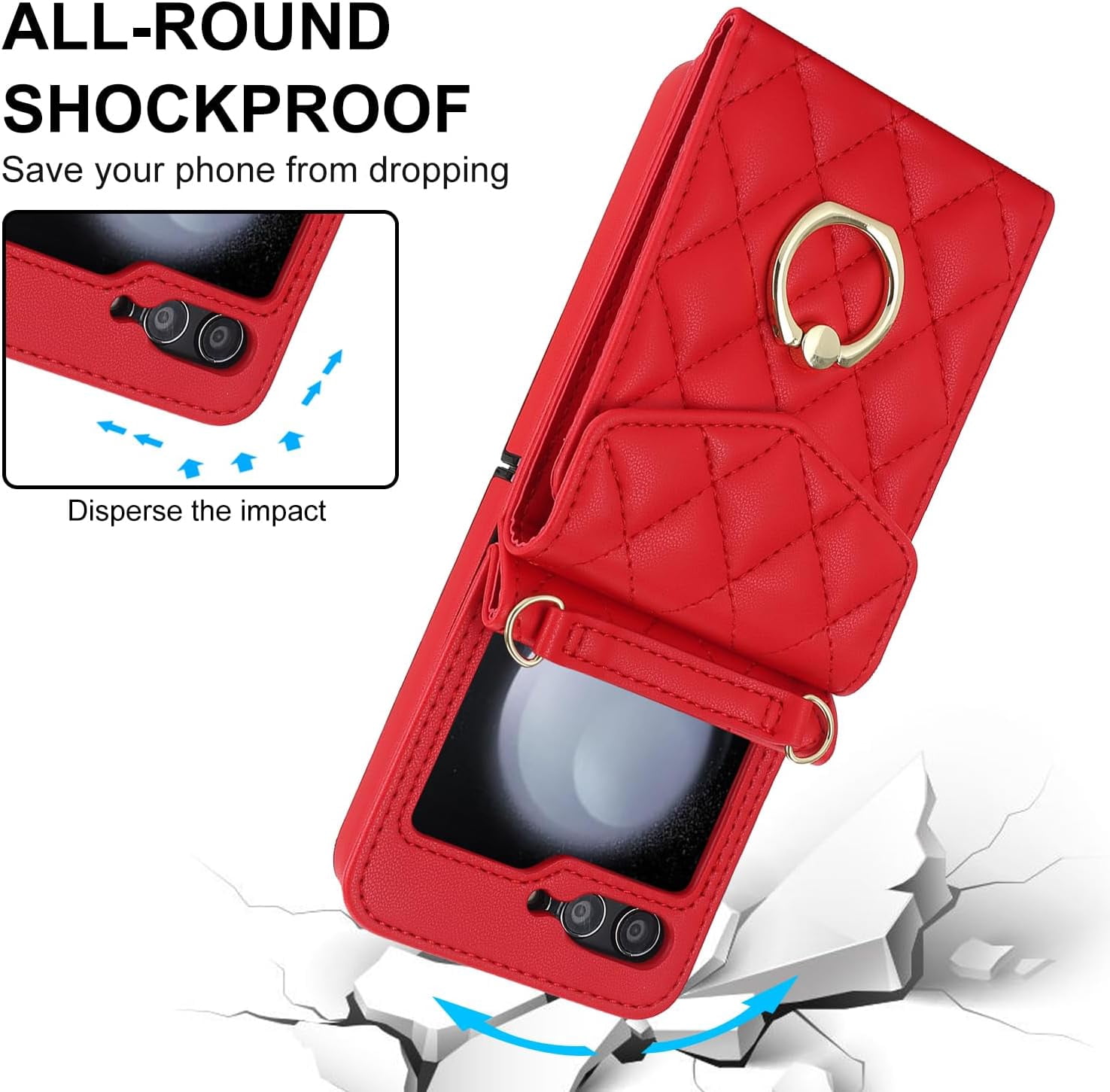 Phone Case for Samsung Galaxy Z Flip 5 5G 2023 Wallet Cover with RFID Blocking Ring Crossbody Wrist Strap Stand Credit Card Holder Leather Cell Accessories ZFlip5 Z5 G Flip5 5Z Women Girls Red