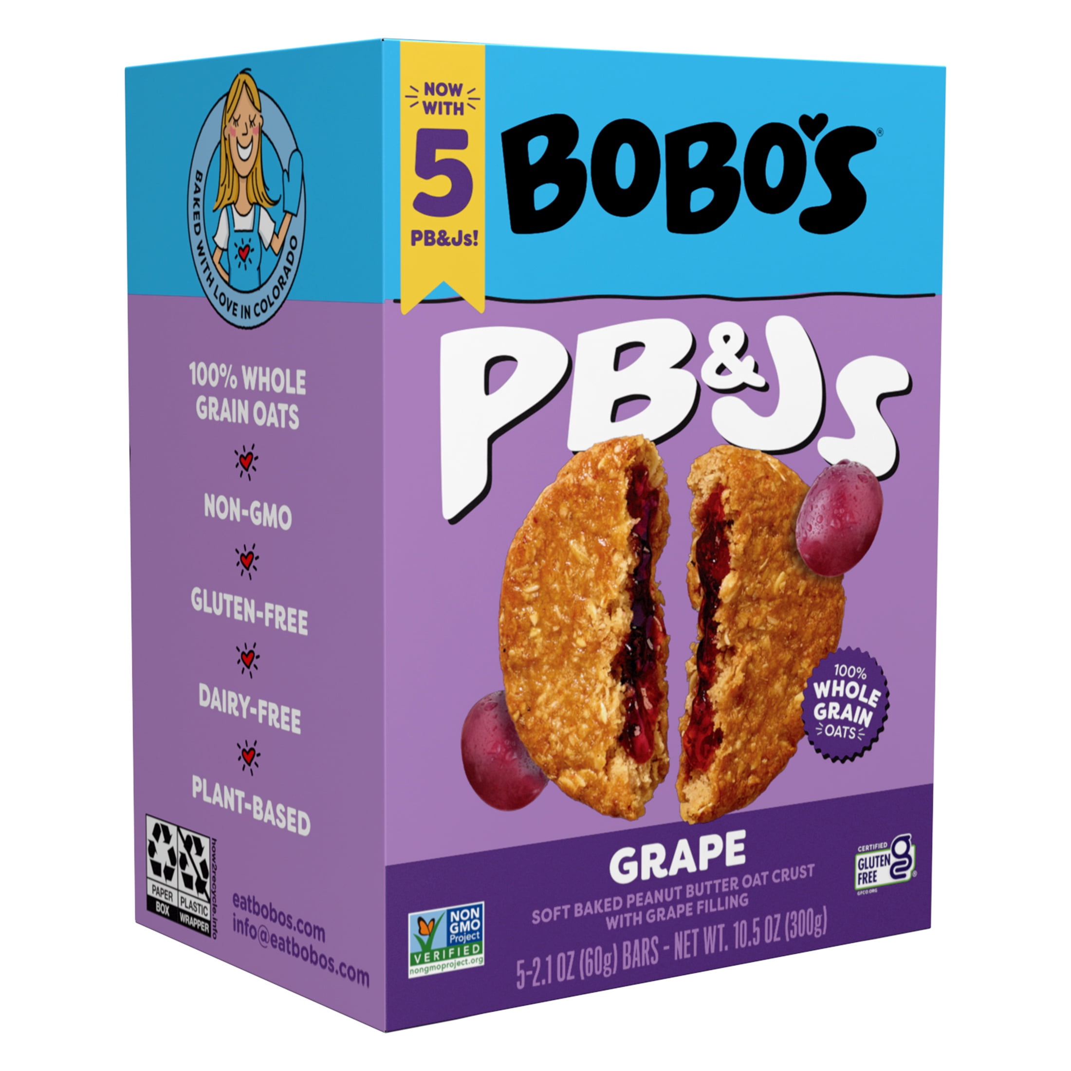 (6 pack) Bobo's PB&Js, Peanut Butter Oat Crust With Grape Filling, 5 Pack of 2.1oz oat snacks