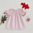 thumbnail image 4 of Viworld Toddler Baby Girl Smocked Christmas Dress Santa Claus Short Sleeve Princess Dresses Headband Xmas Outfit, 4 of 8