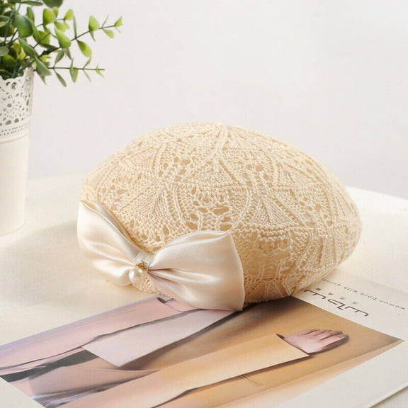 Women Bow Pearl Woven Beret Summer Hollow Out Slouchy Crochet French Artist Cap