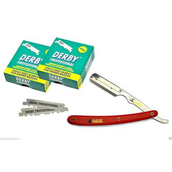 Classic Samurai Stainless Steel Professional Barber Straight Edge Razor with 200 Derby Single Edge Razor Blades (Red)